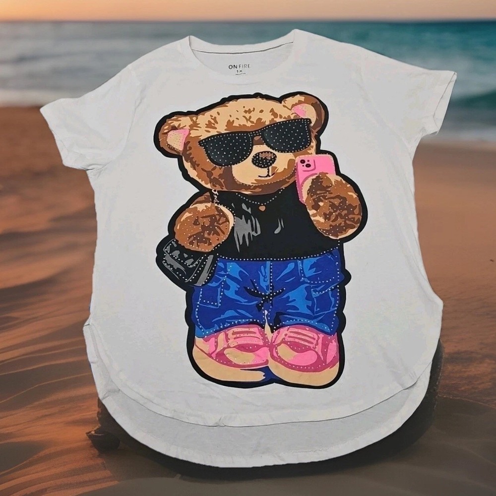 Barbie Core Graphic T-Shirt Blinged Plush Bear Women Size XL On Fire Unique Pink